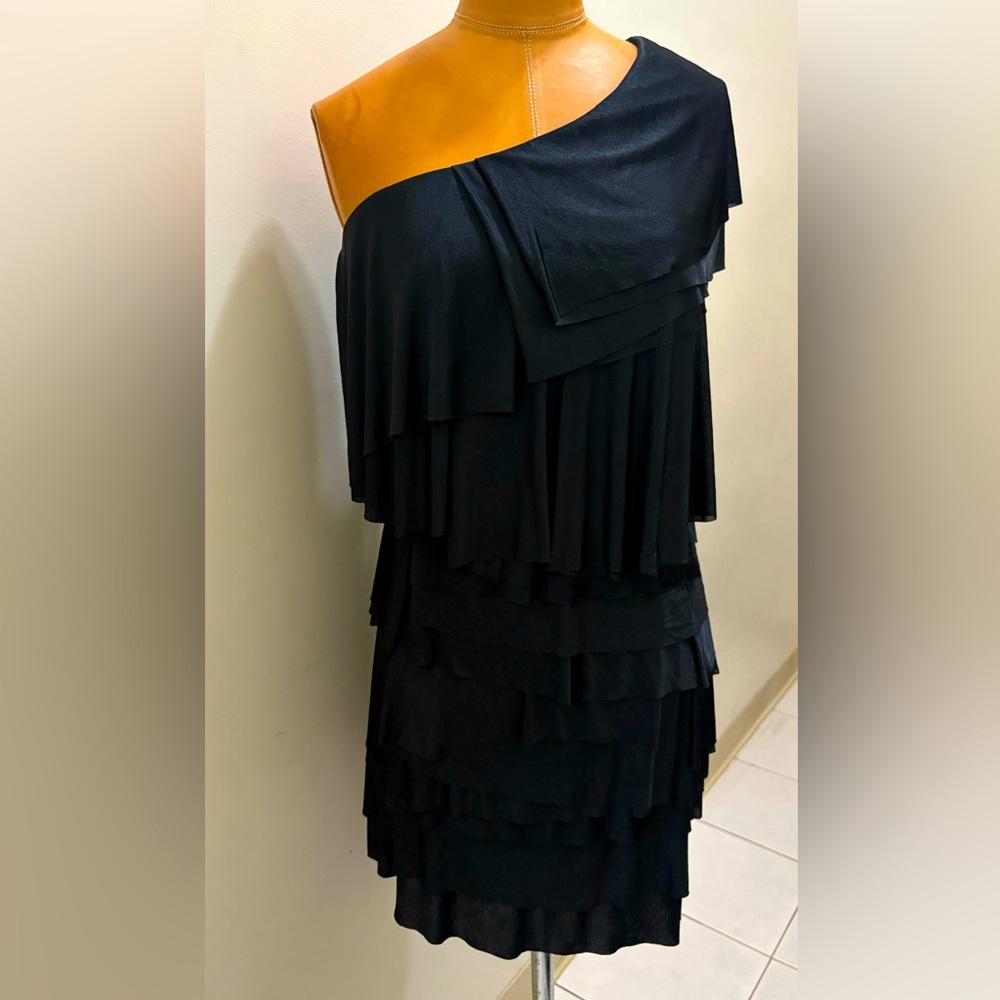 BCBG One-Shoulder Black Layered Ruffle Dress